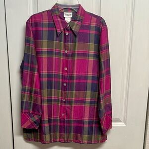Koret Pink Green Plaid Mid Sleeve Silk Blend Top Size S